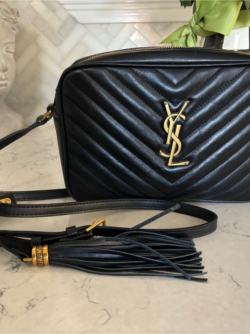 Saint Laurent Black Quilted Leather Camera Bag with Gold YSL Hardware